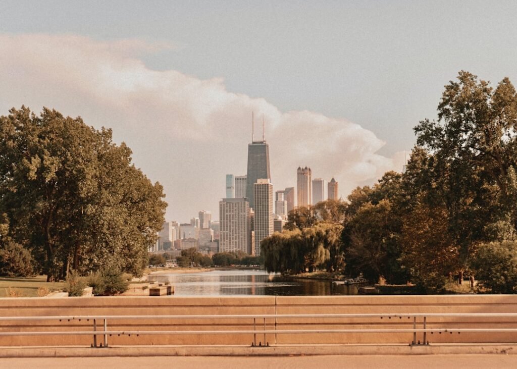 a park bench overlooking a body of water with a city in the background