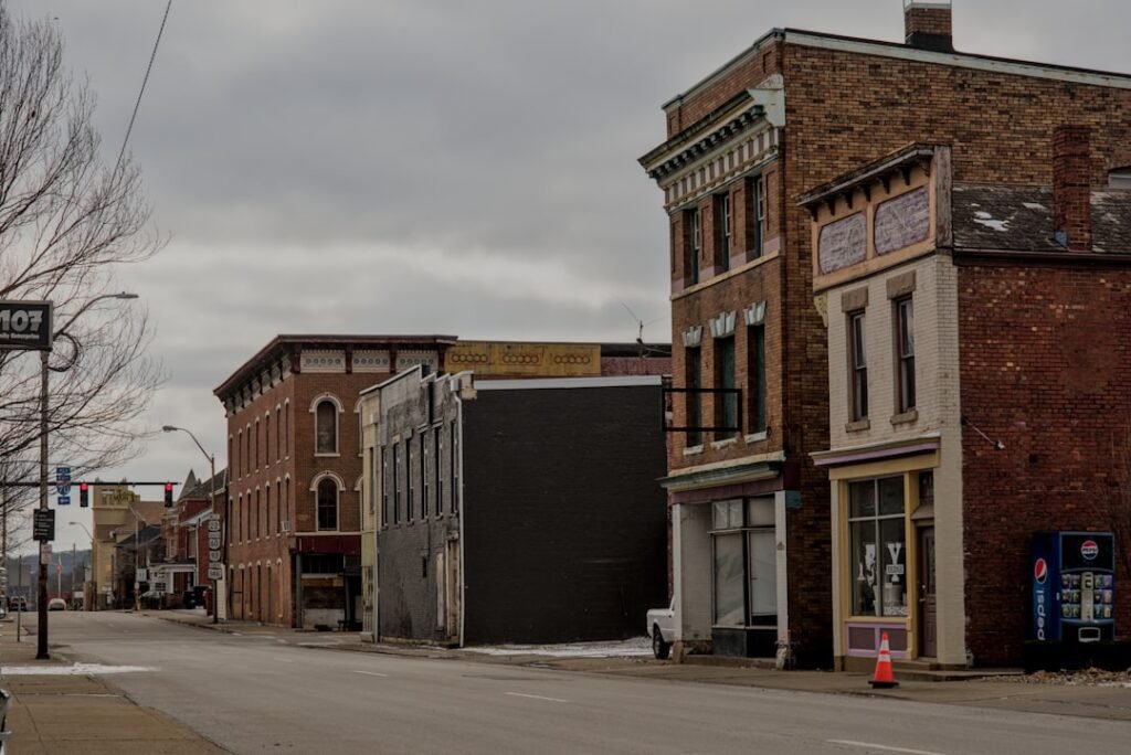 Row of brick buildings on a cloudy day