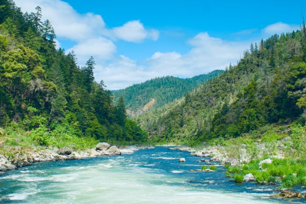 A river flows through lush mountains and forests.
