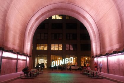 A lit archway leads to the dumbo sign at night.