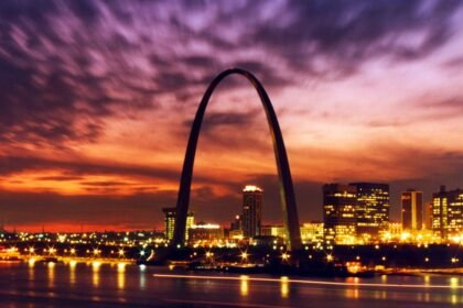 Gateway arch and city skyline at sunset